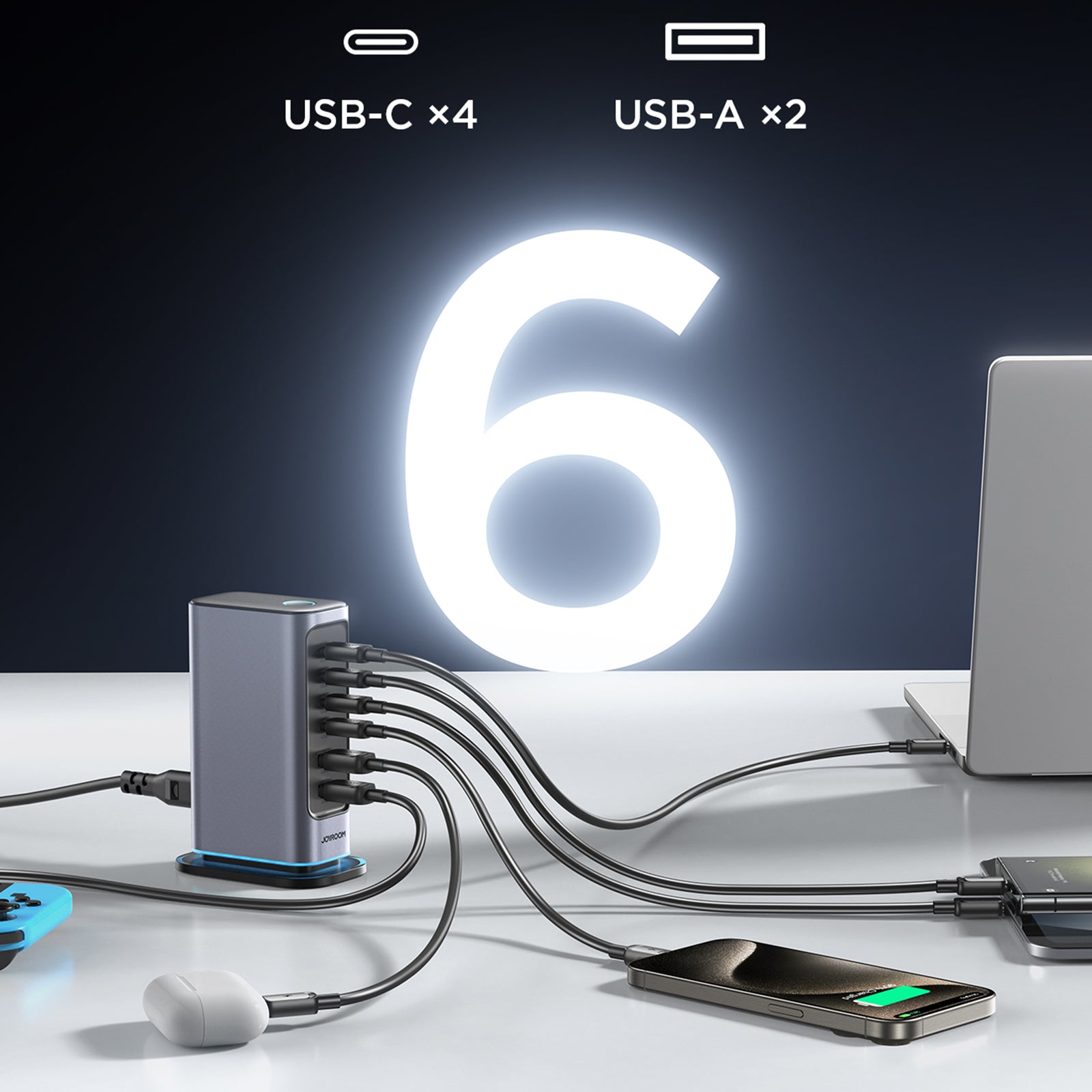 JOYROOM TCM02 65W 6-Port USB Desktop GaN Fast Charging Station Hub Wall Charger JOYROOM TCM02 65W 6-Port USB Desktop GaN Fast Charging Station Hub Wall Charger